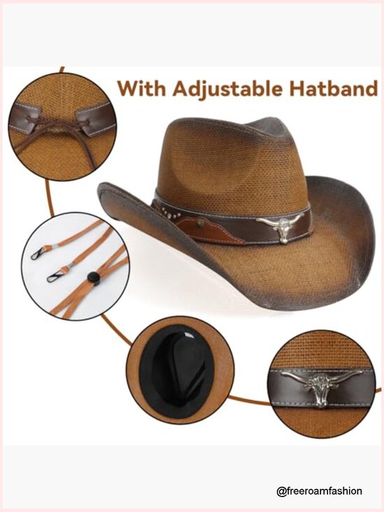Straw Cowboy Hat with Shapeable Brim, Wide Brim Western Hat for Women Men main image 7